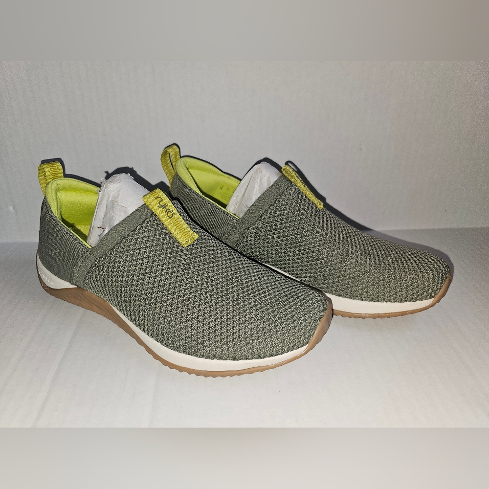Ryka Olive Green Slip-On Sneakers with Yellow Accents